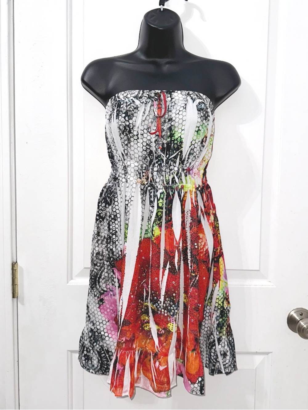 S-Twelve Y2K-style abstract floral print strapless top in Red, White, & Black